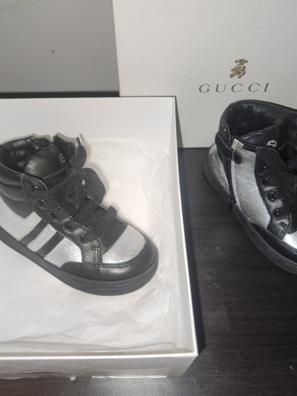 Gucci Kids Black and Silver High-Top Sneakers with Stripes